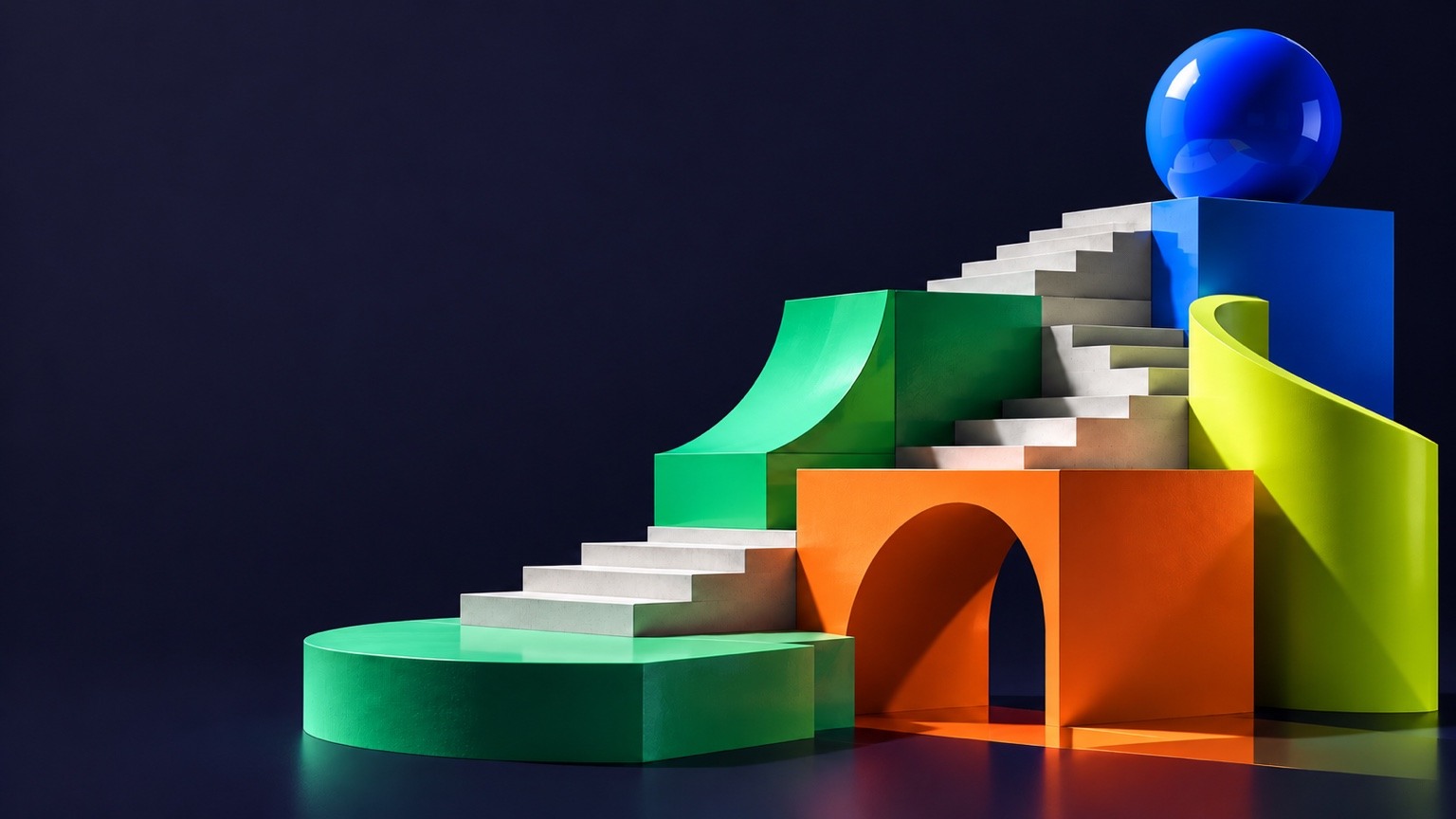 Bold architectural sculpture of steps and colourful forms rising to a polished blue sphere